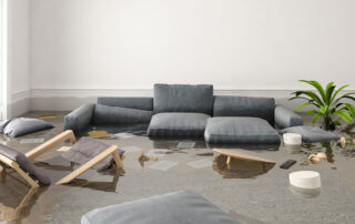 Flooded living room with couches and chairs