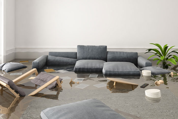 Flooded living room with couches and chairs