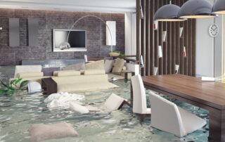 Flooded basement full of furniture