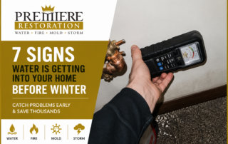 Technician using a moisture meter to detect hidden water damage inside a Minnesota home before winter with Premiere Restoration branding.