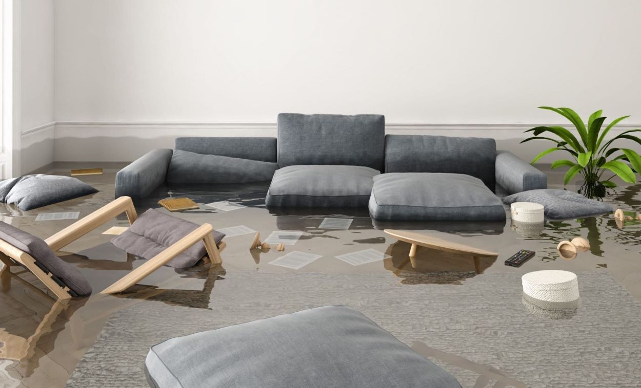 Flood water damaged living room