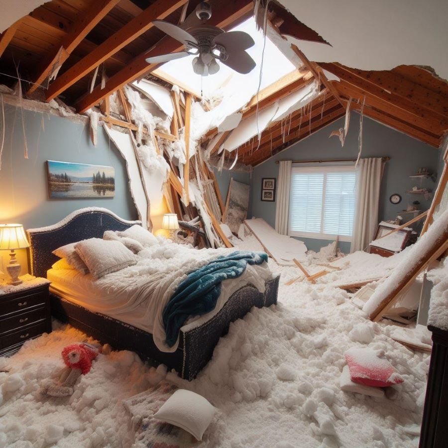 Snow in bedroom after roof collapse