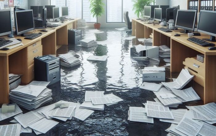 Flooded office floor with wet papers across the floor