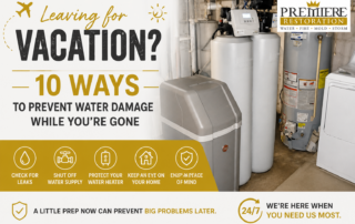Residential water heater and plumbing system with tips for preventing water damage while away on vacation.