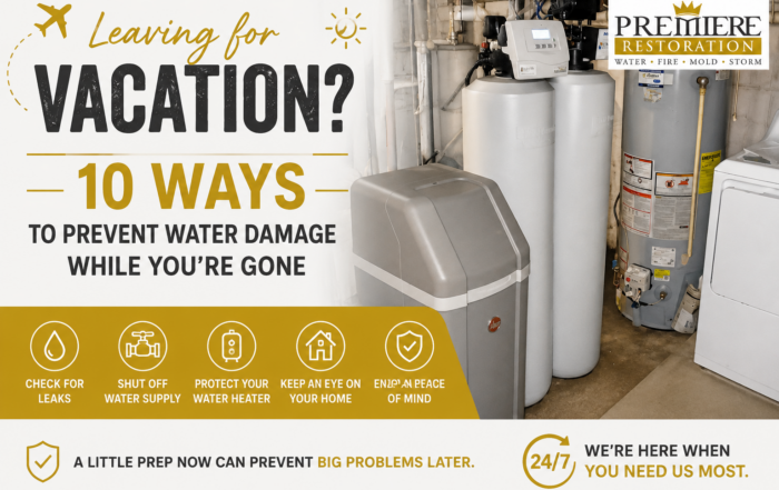 Residential water heater and plumbing system with tips for preventing water damage while away on vacation.