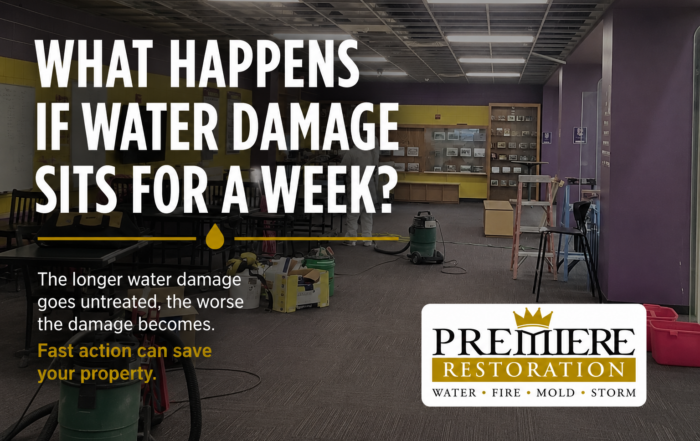 Commercial water damage restoration project with drying equipment and restoration technicians working inside a building while discussing what happens when water damage sits untreated for a week.
