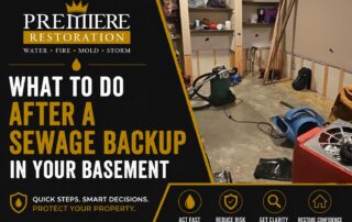 Premiere Restoration blog graphic titled "What To Do After A Sewage Backup In Your Basement" featuring a basement undergoing water mitigation with drying equipment, exposed wall cavities, and restoration work in progress.
